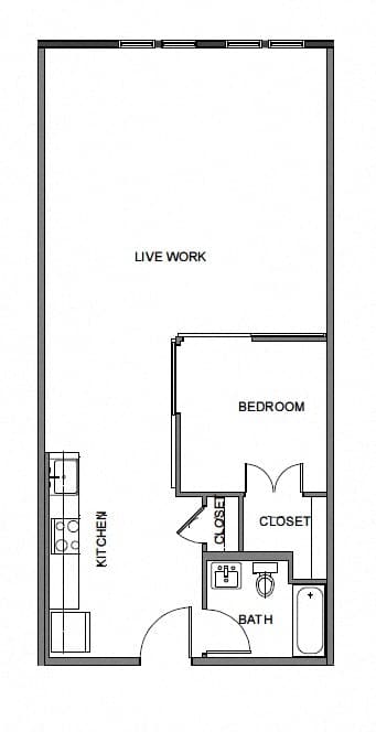 a small floor plan with a bedroom and a bathroom