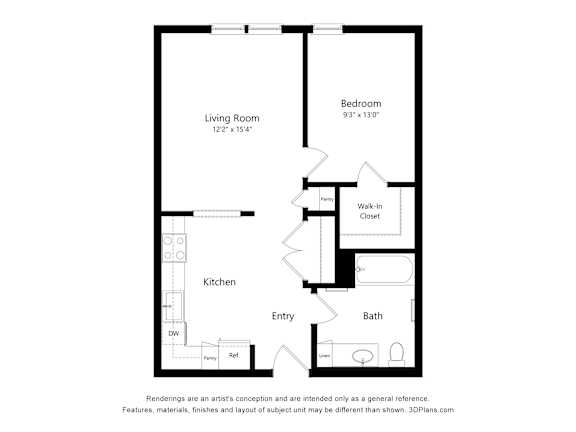 A floor plan of a small apartment with a living room, bedroom, kitchen, entry, and bath.