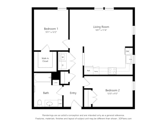 A floor plan of a small apartment with two bedrooms, a living room, and a bathroom.