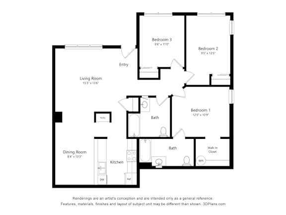 A black and white floor plan of a house with three bedrooms and a dining room.
