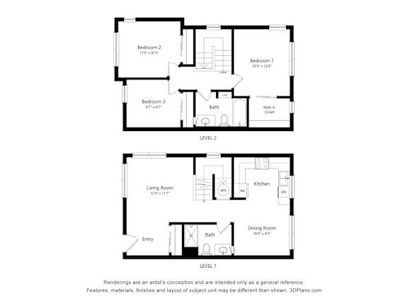 A floor plan of a two level home with three bedrooms and two bathrooms.