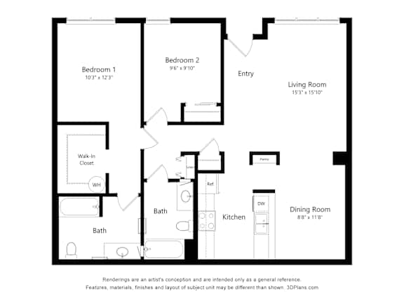 A black and white floor plan of a house with two bedrooms, a living room, a dining room, a kitchen, a bath, and a walk-in closet.