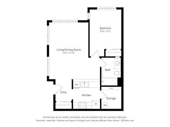 A floor plan of a small apartment with a living room, kitchen, bathroom, and bedroom.