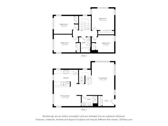 A black and white drawing of a house with two levels and four bedrooms.