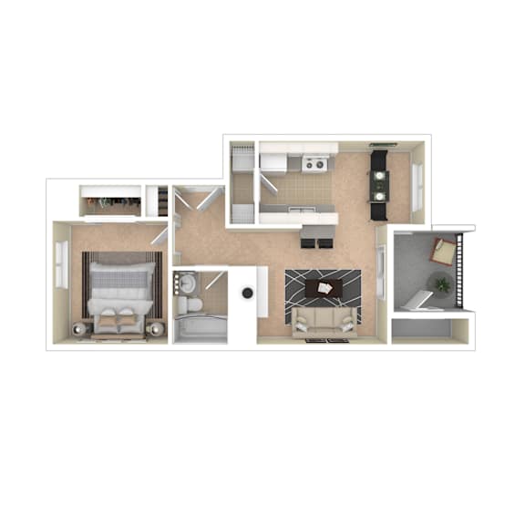 A floor plan of a house with a living room, kitchen, and two bedrooms.