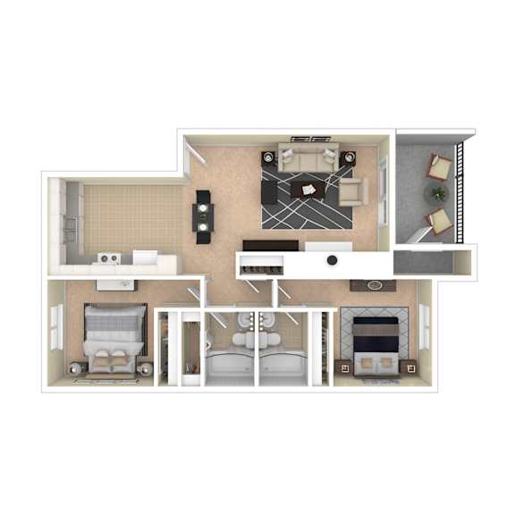 A floor plan of a small apartment with a living room, kitchen, and two bedrooms.