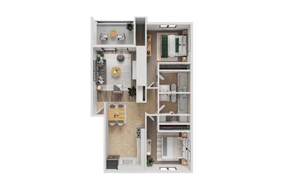 A detailed 3D floor plan of a small apartment.