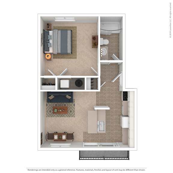 A floor plan of a small apartment with a kitchen, living room, and bathroom.