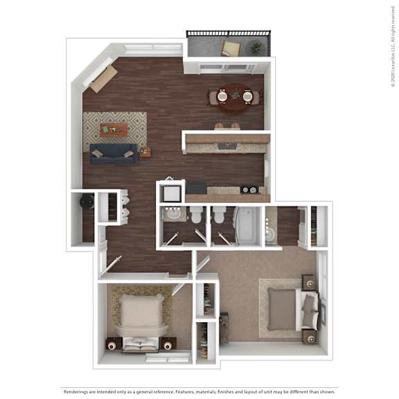 A floor plan of a house with a living room, kitchen, and two bedrooms.