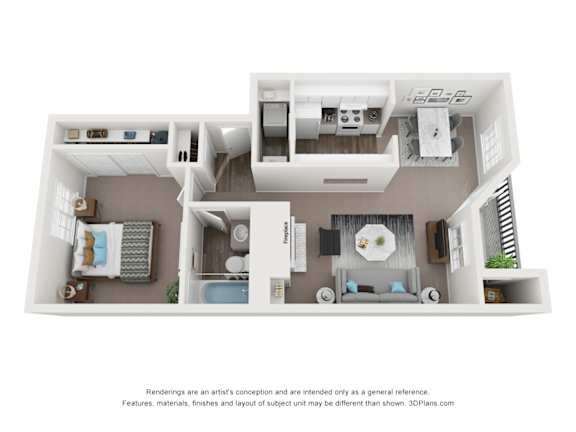 A 3D floor plan of a house with a kitchen, living room, and bathroom.