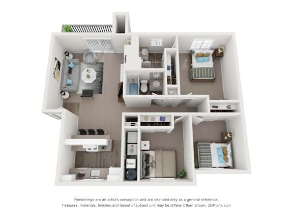 A 3D floor plan of a house with a kitchen, living room, and two bedrooms.