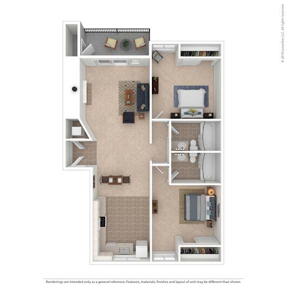 A floor plan of a small apartment with a kitchen, living room, and two bedrooms.