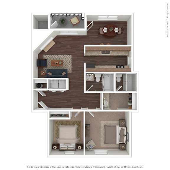 A floor plan of a house with a living room, dining room, kitchen, and two bedrooms.
