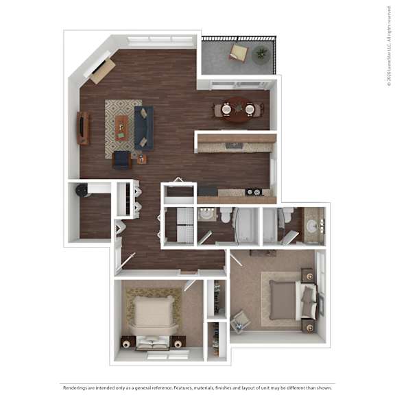 A floor plan of a house with a kitchen, living room, dining room, and two bedrooms.