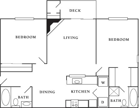 A black and white drawing of a house layout with a deck, two bedrooms, a living room, a dining room, a kitchen, and two bathrooms.