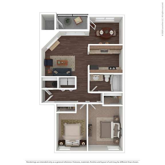 A floor plan of a house with a living room, dining room, kitchen, and two bedrooms.