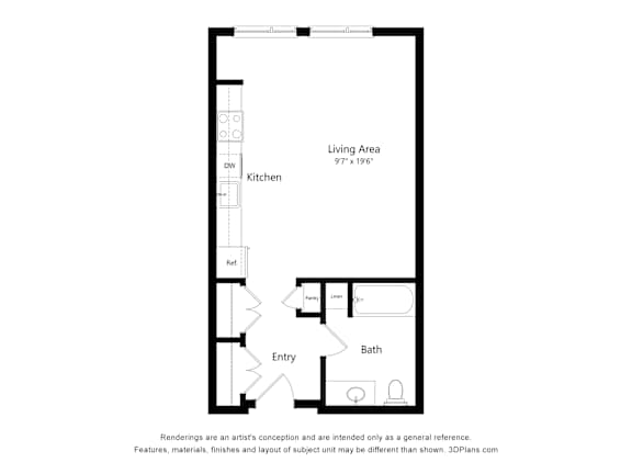 A floor plan of a small apartment with a living area, kitchen, bathroom, and entry.
