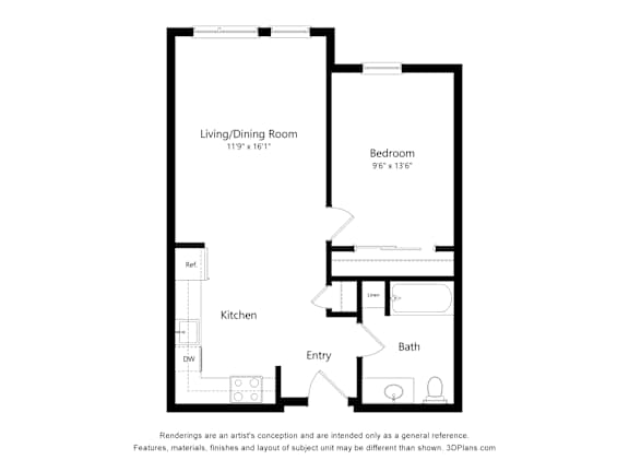 A floor plan of a small apartment with a living/dining room, kitchen, bath, and bedroom.
