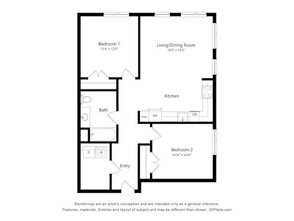 A floor plan of a small apartment with two bedrooms, a living/dining room, a kitchen, a bathroom, and an entry.