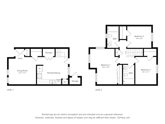 A floor plan of a two level home with a living room, kitchen/dining area and three bedrooms.