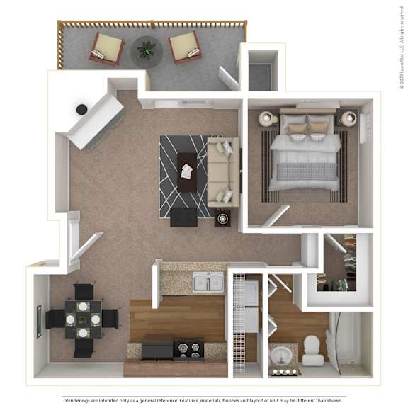 A 3D floor plan of a house with a living room, kitchen, dining room, and bedrooms.
