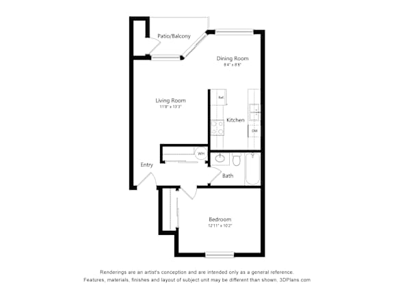 A floor plan of a small apartment with a living room, dining room, kitchen, bathroom, and two bedrooms.