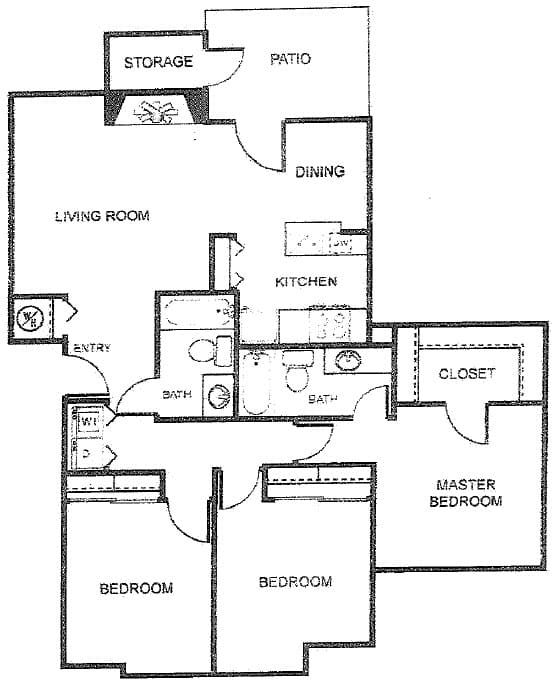 A floor plan of a house with a living room, two bedrooms, a kitchen, a bathroom, a storage area, a dining room, and a patio.