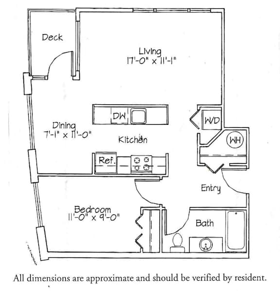 A floor plan of a small apartment with a deck, dining area, kitchen, bathroom, bedroom, and living room.