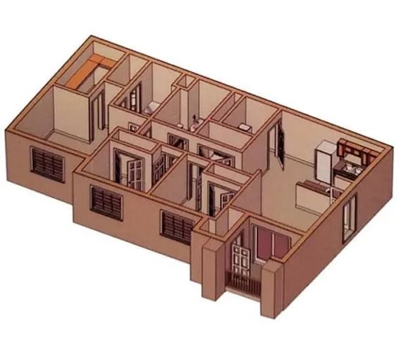 A 3D diagram of a building with multiple rooms and windows.