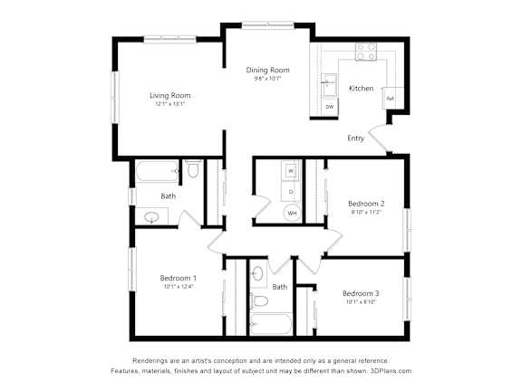 A floor plan of a house with a living room, dining room, kitchen, and three bedrooms.