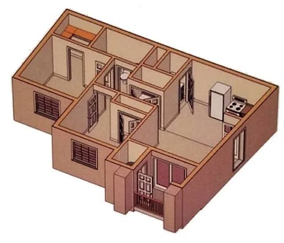 A drawing of a three-story building with multiple windows and doors.