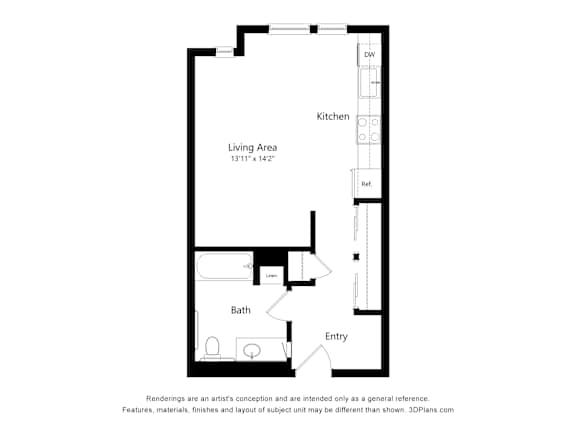 A floor plan of a small apartment with a living area, kitchen, bath, and entry.