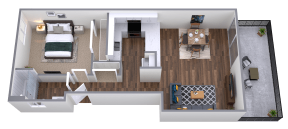 a 3d rendering of a bedroom with a living room and a dining room