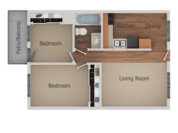 A floor plan of a living space with two bedrooms, a kitchen, and a dining area.