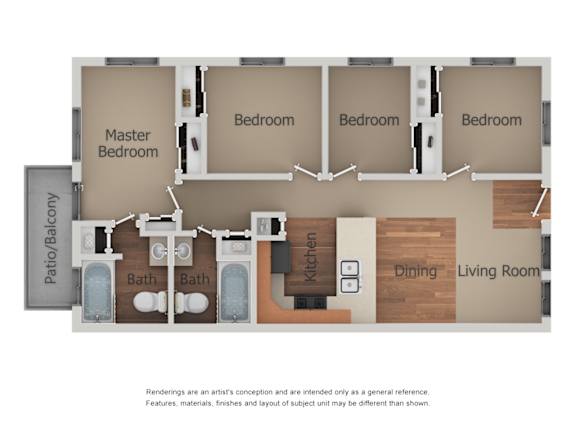 Floor Plan  A floor plan of a house with a master bedroom, three bedrooms, a patio/balcony, baths, a kitchen, a dining area, and a living room.