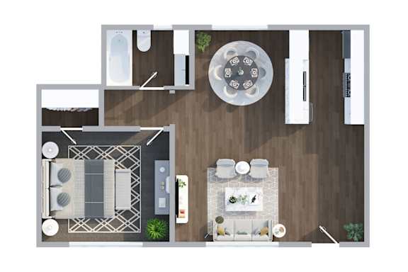 Floor Plan  A floor plan of a small apartment with a kitchen, living room, and bathroom.