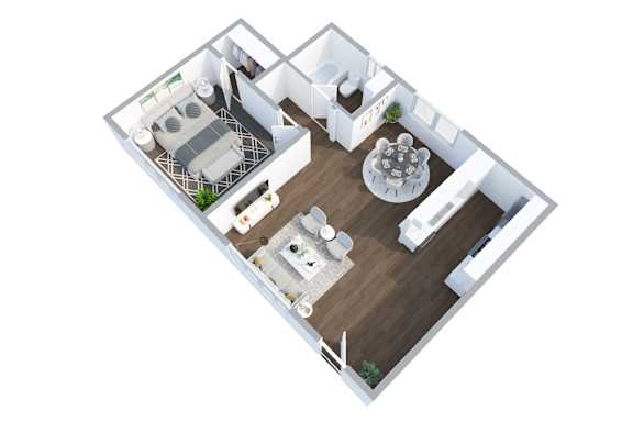 A 3D floor plan of a house with a living room, kitchen, and two bedrooms.