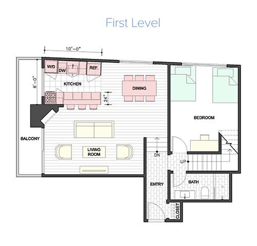 2-Bedroom-Floor-Plan(1st-Floor) at 888 Hilgard – Furnished Apartments, Los Angeles, CA, 90024