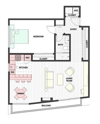 One-Bedroom-Floor-Plan at 888 Hilgard &#x2013; Furnished Apartments, California