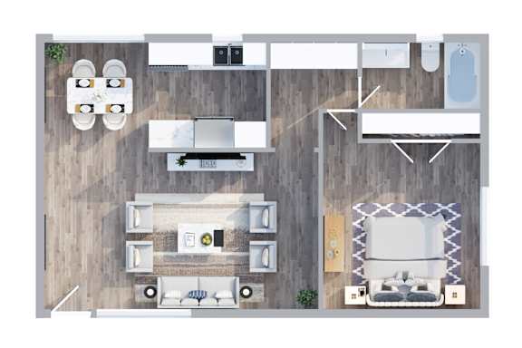 Floor Plan  A top down view of a living room, kitchen, and dining area.