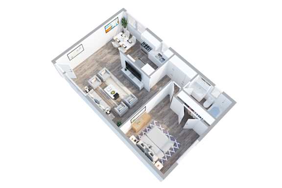 A top-down view of a house with a kitchen, living room, and two bedrooms.