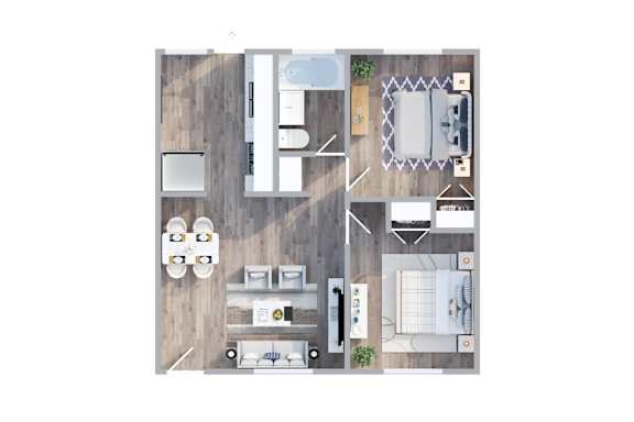 A top-down view of a small apartment with a kitchen, living room, and bathroom.