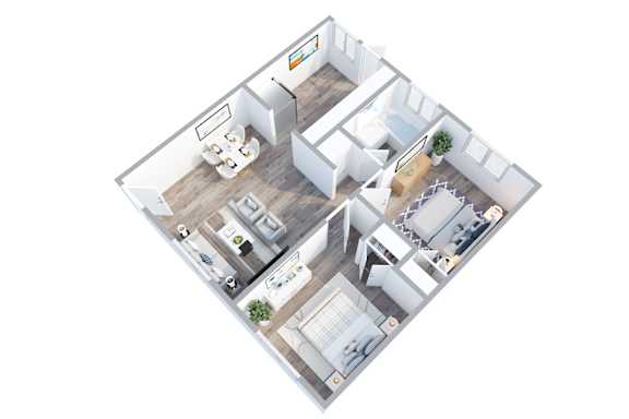 Floor Plan  A top-down view of a house with a kitchen, living room, and bedrooms.