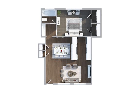 Floor Plan  A floor plan of a house with a kitchen, living room, and two bedrooms.