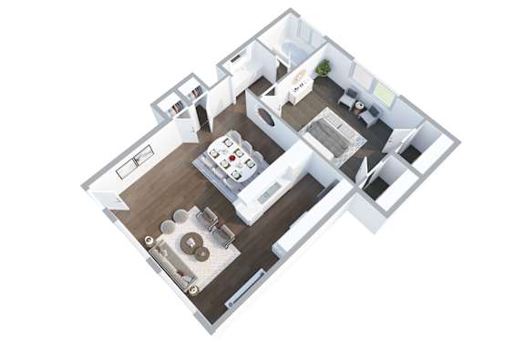 A top down view of a house with a kitchen, living room, and dining room.