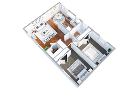 A 3D floor plan of a house with a kitchen, living room, and two bedrooms.