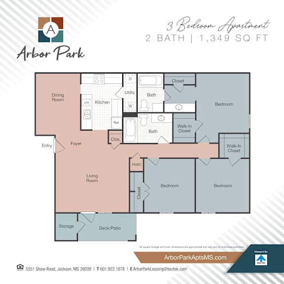 A 3 Bedroom Apartment in Arbor Park has 2 bathrooms and is 1,349 square feet.