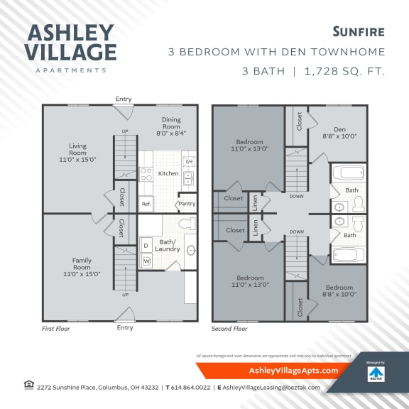 3 bed 3 bath floor plan at Ashley Village Apartments, Columbus, 43232