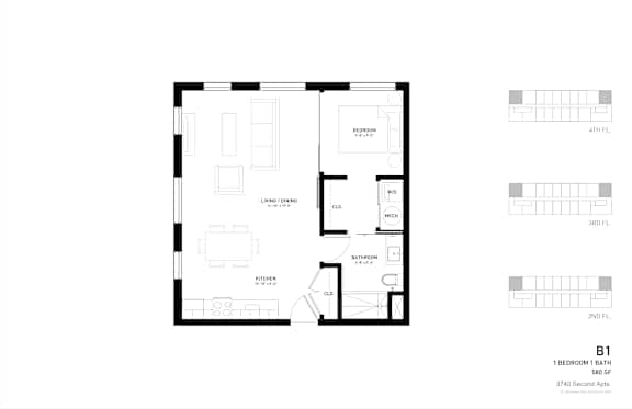 A black and white image of a floor plan for a 1 bedroom, 1 bathroom apartment.