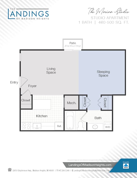 A floor plan for a studio apartment at The Landings of Madison Heights.